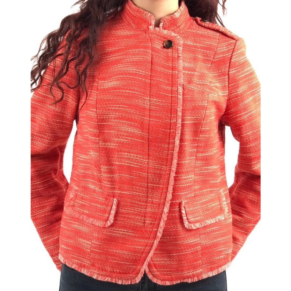 Chico’s Tweed Fringed Blazer Jacket Size:3(XL) Orange Textured Concealed Zipper